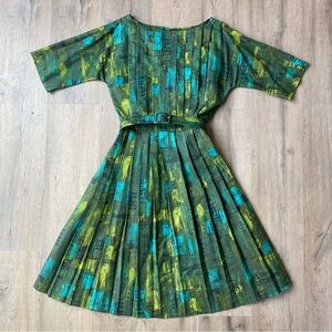 Vintage 1950/60s Chic Green and Teal Midi Dress with Small white Petticoat